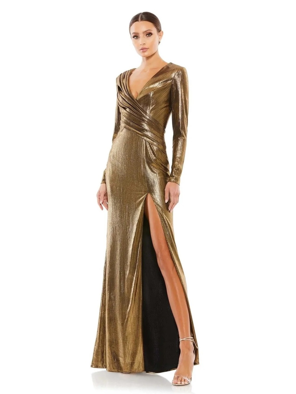 Mac Duggal Gold Metallic Long Sleeve Wrap Maxi Gown with High Slit